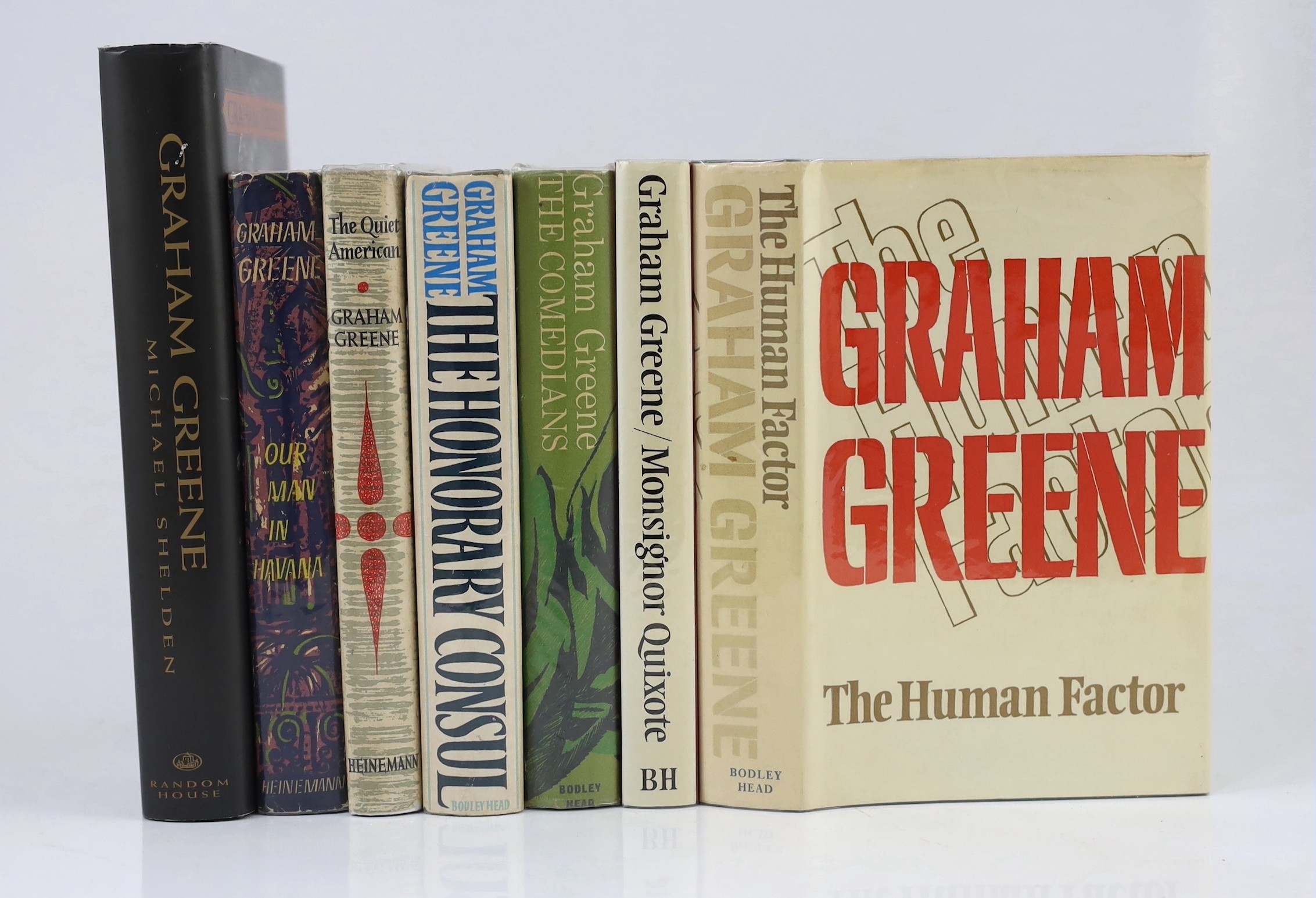 Greene, Graham - 6 first editions, in original unclipped d/j’s - The Quiet American, 1955; Our Man in Havana, 1958; The Comedians, 1966; The Honorary Consul, 1973; The Human Factor, 1978; Monsignor Quixote, 1982 and - Sh